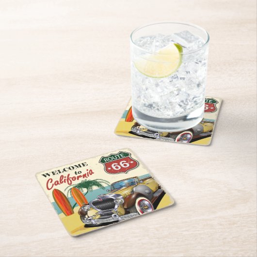 「Welcome to California」ルート66レトロポスター、 スクエアペーパーコースター (インサイチュ)