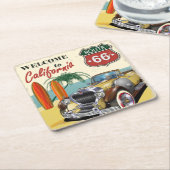 「Welcome to California」ルート66レトロポスター、 スクエアペーパーコースター (アングル)