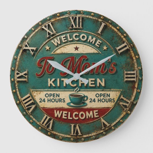 Welcome to Mom's Kitchen Vintage Coffee Farmhouse ラージ壁時計 (正面)