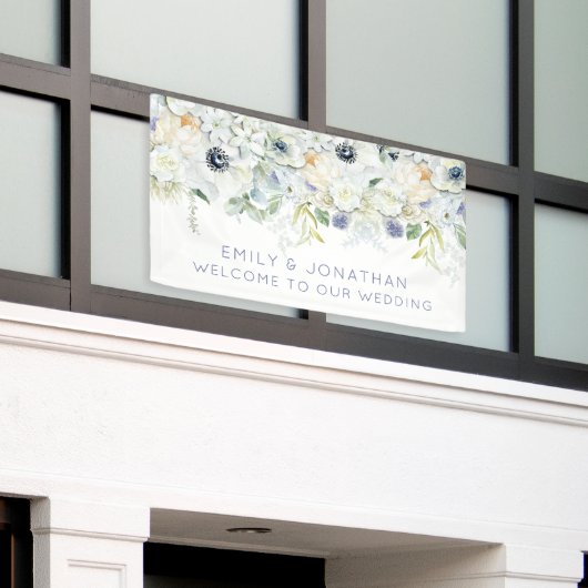 Welcome To Names 結婚 White Boho花模様 横断幕 (ビルの外側)