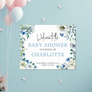 Welcome to Our Baby Shower エレガント Blueフローラ ポスター