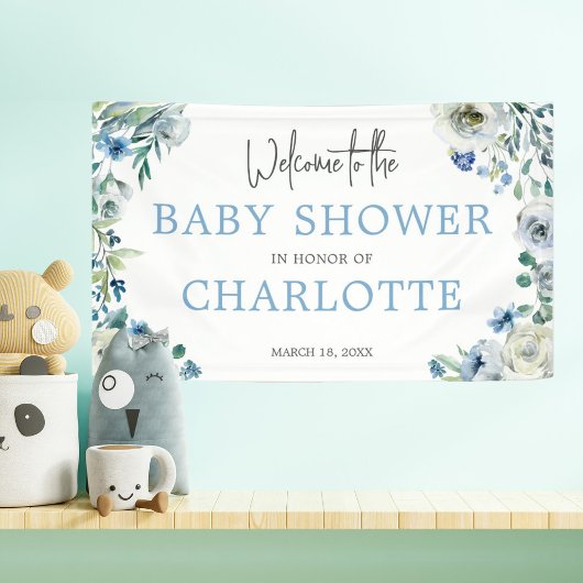 Welcome to Our Baby Shower エレガント Blueフローラ 横断幕