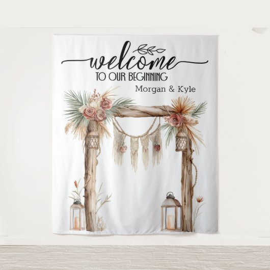 Welcome to Our Beginning – Rustic Wedding Backdrop タペストリー (正面)