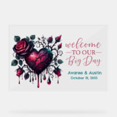 Welcome To Our Big Day Gothic Blackバラとハート アクリルサイン (正面)