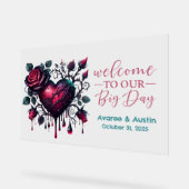 Welcome To Our Big Day Gothic Blackバラとハート アクリルサイン (傾斜)