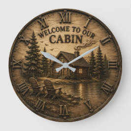Welcome to Our Cabin Rustic Lake House ラージ壁時計