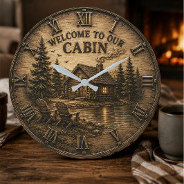 Welcome to Our Cabin Rustic Lake House ラージ壁時計