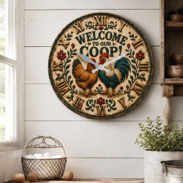 Welcome to Our Coop Chicken Farmhouse ラージ壁時計