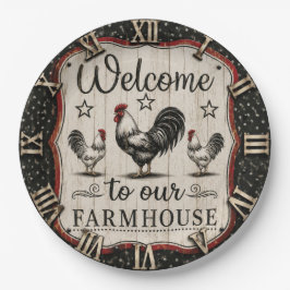 Welcome to Our Farmhouse Rustic Rooster & Hen ペーパープレート