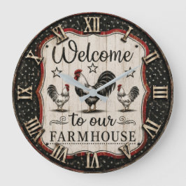 Welcome to Our Farmhouse Rustic Rooster & Hen ラージ壁時計