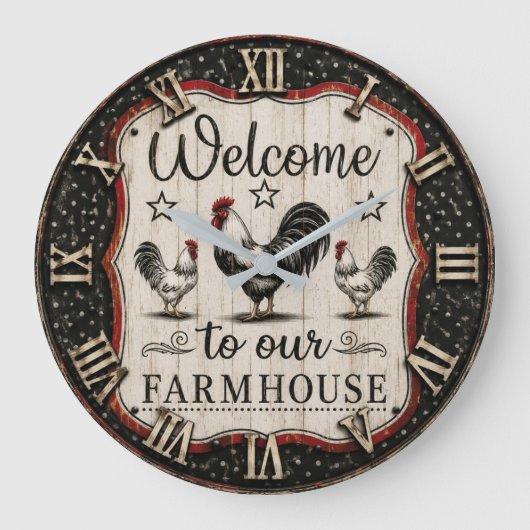 Welcome to Our Farmhouse Rustic Rooster & Hen  ラージ壁時計 (正面)