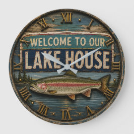 Welcome to Our Lake House Cabin & Lake House Decor ラージ壁時計