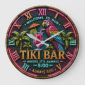 Welcome to Our Tiki Bar Neon Tropical Parrot ラージ壁時計 (正面)