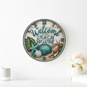 Welcome to the Beach House Rustic Sea shell Beach ラージ壁時計 (ホーム)