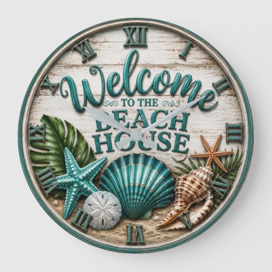 Welcome to the Beach House Rustic Sea shell Beach ラージ壁時計 (正面)