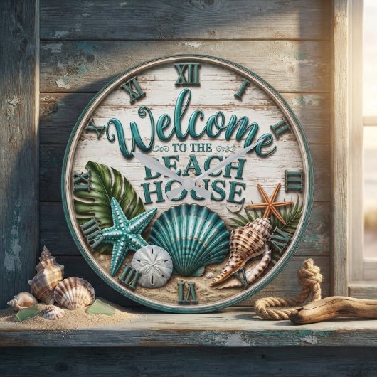 Welcome to the Beach House Rustic Sea shell Beach ラージ壁時計
