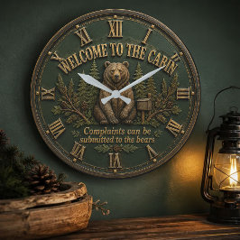 Welcome to the Cabin Bear Cabin Woodland Lodge ラージ壁時計