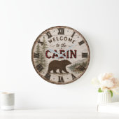 Welcome to the Cabin Rustic Bear Buffalo Plaid ラージ壁時計 (ホーム)