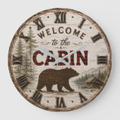 Welcome to the Cabin Rustic Bear Buffalo Plaid ラージ壁時計 (正面)
