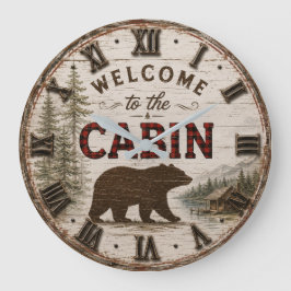 Welcome to the Cabin Rustic Bear Buffalo Plaid ラージ壁時計