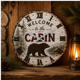 Welcome to the Cabin Rustic Bear Buffalo Plaid ラージ壁時計