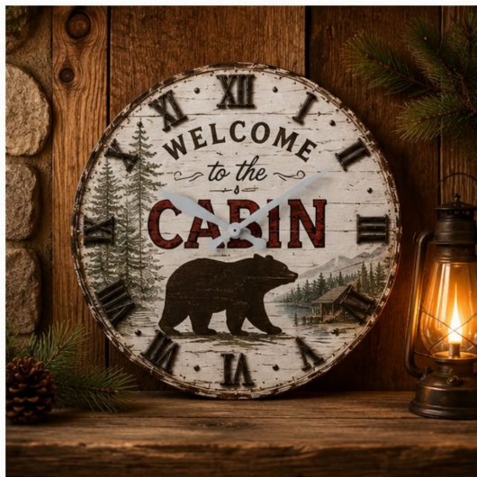 Welcome to the Cabin Rustic Bear Buffalo Plaid ラージ壁時計