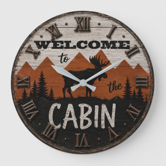 Welcome to the Cabin Rustic Moose Mountain Lodge ラージ壁時計 (正面)