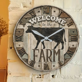 Welcome to the Farm Rustic Cow Silhouette Vintage ラージ壁時計