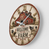 Welcome to the Farm Rustic Red Barn Farmhouse ラージ壁時計 (傾斜)