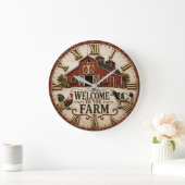 Welcome to the Farm Rustic Red Barn Farmhouse ラージ壁時計 (ホーム)