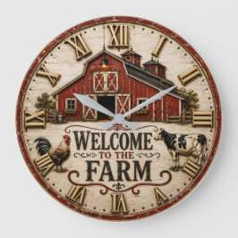 Welcome to the Farm Rustic Red Barn Farmhouse ラージ壁時計