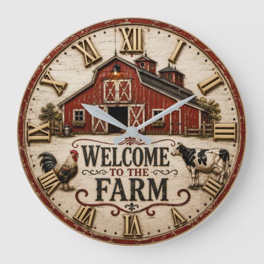Welcome to the Farm Rustic Red Barn Farmhouse ラージ壁時計 (正面)