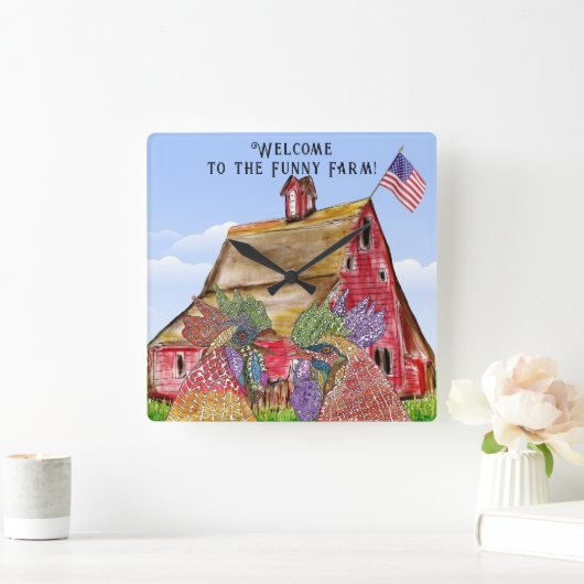 Welcome to the Funny Farm Chickens スクエア壁時計 (ホーム)