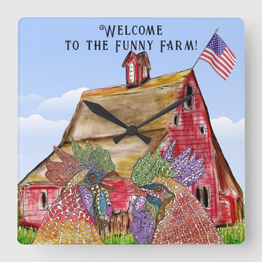 Welcome to the Funny Farm Chickens スクエア壁時計 (正面)