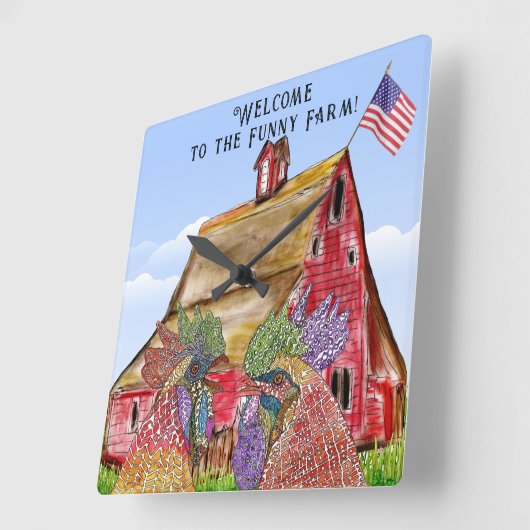 Welcome to the Funny Farm Chickens スクエア壁時計 (傾斜)