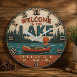 Welcome to the Lake House Cabin Decor ラージ壁時計