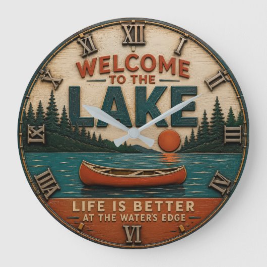 Welcome to the Lake House Cabin Decor ラージ壁時計 (正面)