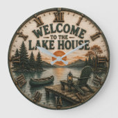 Welcome to the Lake House Rustic Canoe Cabin ラージ壁時計 (正面)