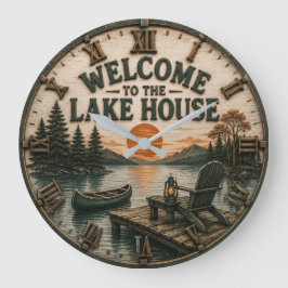 Welcome to the Lake House Rustic Canoe Cabin ラージ壁時計