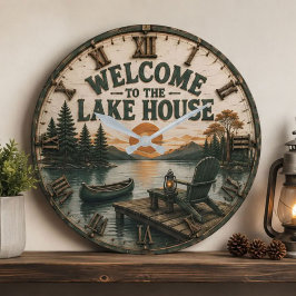 Welcome to the Lake House Rustic Canoe Cabin ラージ壁時計