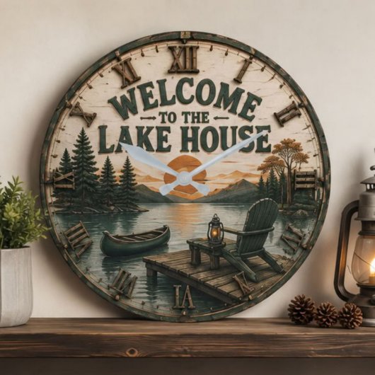 Welcome to the Lake House Rustic Canoe Cabin ラージ壁時計