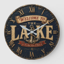 Welcome to the Lake House Rustic Vintage Nautical ラージ壁時計