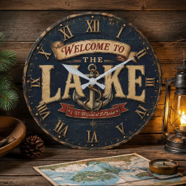 Welcome to the Lake House Rustic Vintage Nautical  ラージ壁時計