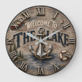 Welcome to the Lake Rustic Anchor Nautical ラージ壁時計