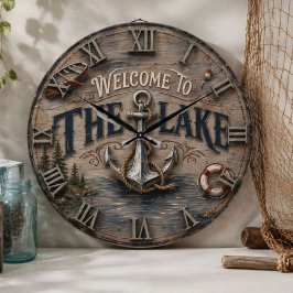 Welcome to the Lake Rustic Anchor Nautical ラージ壁時計