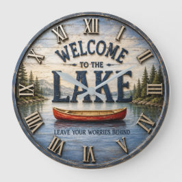 Welcome to the Lake Rustic Canoe ラージ壁時計