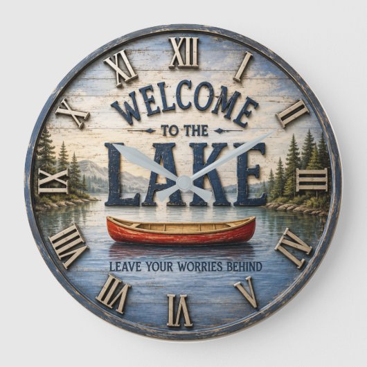 Welcome to the Lake Rustic Canoe ラージ壁時計 (正面)