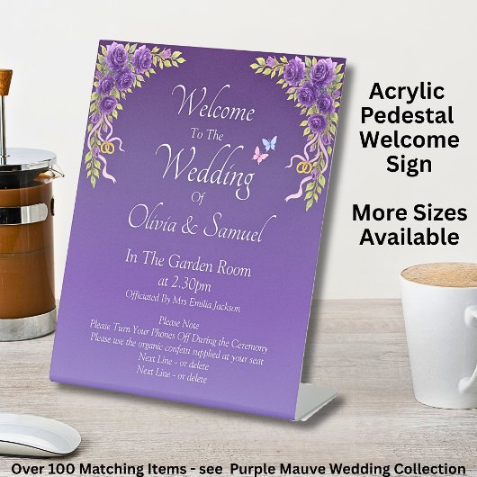 Welcome to the Wedding Purple Mauve Flowers 台座サイン