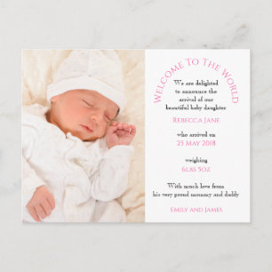Welcome to the World Baby Girlフォト文字ホワイト ポストカード