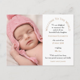 Welcome to the World Baby Girl Photoタイポグラフィ ポストカード